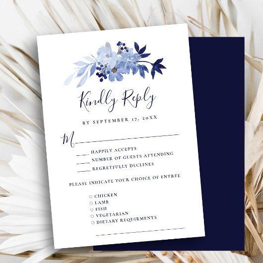 Elegant Navy Blue Floral Foliage Modern Wedding RSVP Kaartje