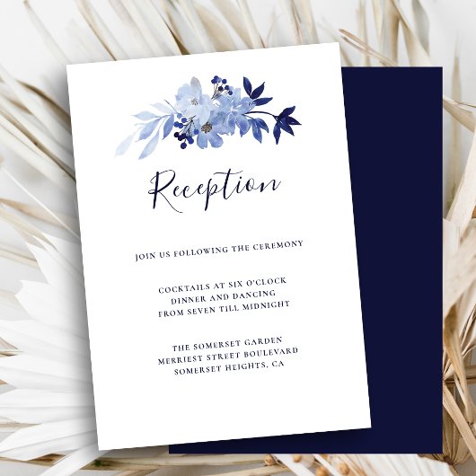 Elegant Navy Blue Floral Foliage Weddenschap Recep Informatiekaartje