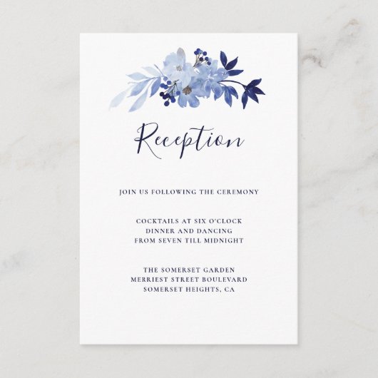 Elegant Navy Blue Floral Foliage Weddenschap Recep Informatiekaartje (Voorkant)