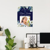Elegant Navy Blue Floral Foto Bat Mitzvah Welkom Poster (Thuiskantoor)