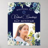 Elegant Navy Blue Floral Foto Bat Mitzvah Welkom Poster (Voorkant)