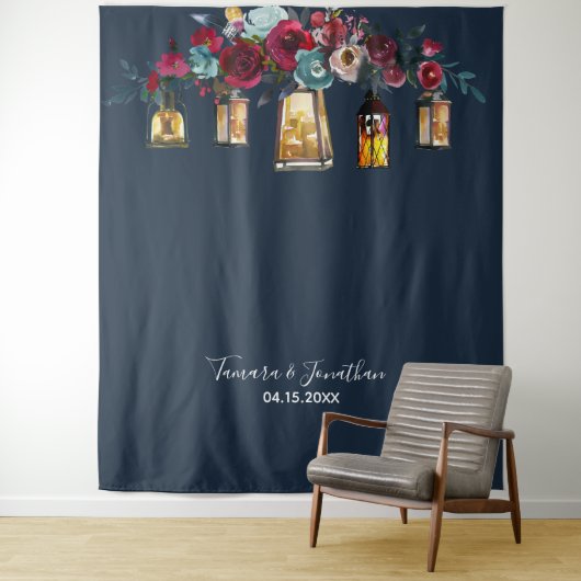 Elegant Navy Blue Floral foto's bruiloft Wandkleed (In situ)