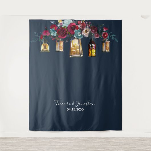 Elegant Navy Blue Floral foto's bruiloft Wandkleed (Voorkant)