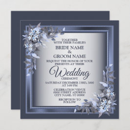 Elegant Navy Blue Floral Framed Silver Wedding Kaart