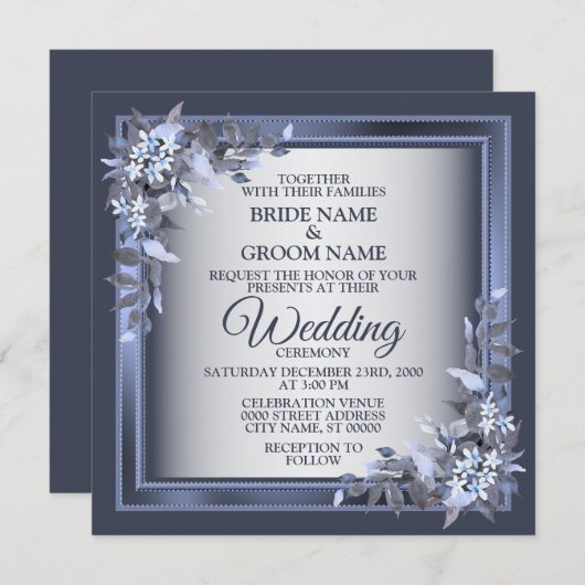 Elegant Navy Blue Floral Framed Silver Wedding Kaart (Voorkant / Achterkant)