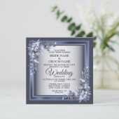 Elegant Navy Blue Floral Framed Silver Wedding Kaart (Staand voorkant)