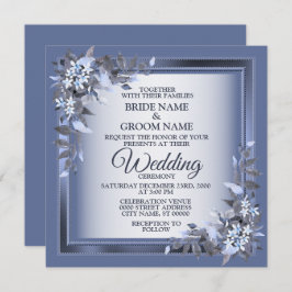 Elegant Navy Blue Floral Framed Silver Wedding Kaart