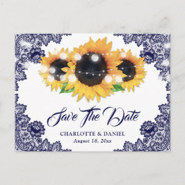 Elegant Navy Blue Floral Lace Sunflower Aankondigingskaart