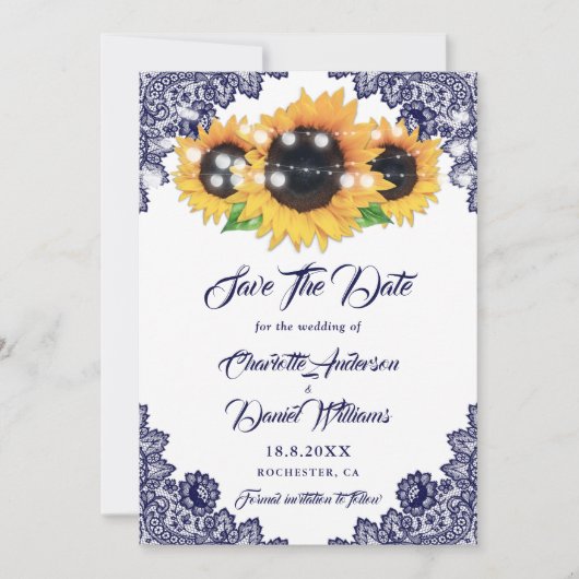 Elegant Navy Blue Floral Lace Sunflower Wedding Save The Date (Voorkant)