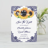 Elegant Navy Blue Floral Lace Sunflower Wedding Save The Date (Staand voorkant)