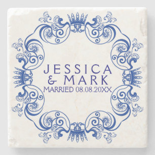 Elegant Navy Blue Floral Lijst Stenen Onderzetter