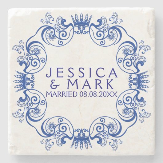 Elegant Navy Blue Floral Lijst Stenen Onderzetter (Voorkant)