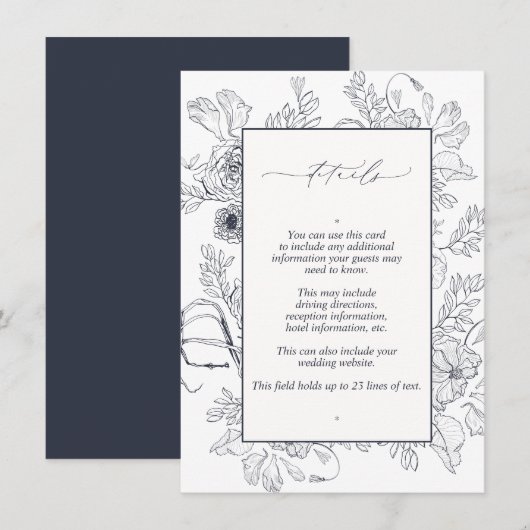 Elegant Navy Blue Floral Line Art Wedding Details Informatiekaartje (Voorkant / Achterkant)
