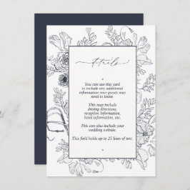 Elegant Navy Blue Floral Line Art Wedding Details Informatiekaartje