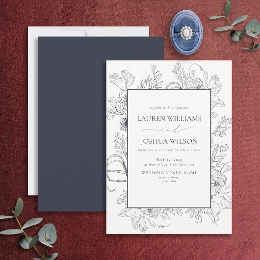 Elegant Navy Blue Floral Line Art Wedding Kaart