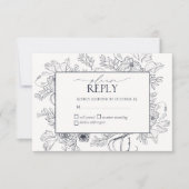 Elegant Navy Blue Floral Line Art Wedding RSVP Kaartje (Voorkant)