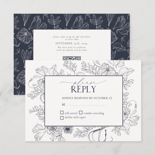 Elegant Navy Blue Floral Line Art Wedding RSVP Kaartje (Voorkant / Achterkant)
