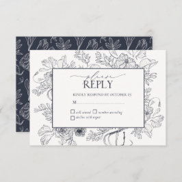 Elegant Navy Blue Floral Line Art Wedding RSVP Kaartje