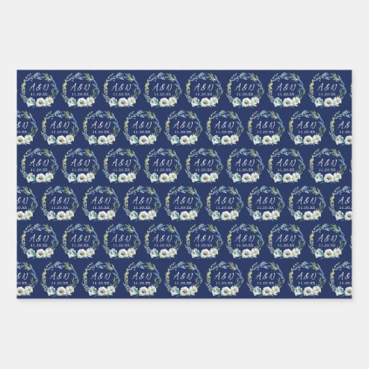 Elegant Navy Blue Floral Monogram Winter Weddensch Inpakpapier Vel (Voorkant 3)