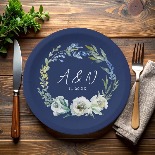 Elegant Navy Blue Floral Monogram Winter Weddensch Papieren Bordje