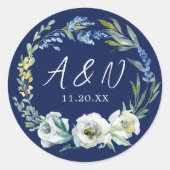 Elegant Navy Blue Floral Monogram Winter Weddensch Ronde Sticker (Voorkant)