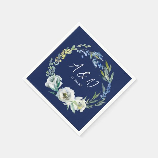 Elegant Navy Blue Floral Monogram Winter Weddensch Servet (Hoek)