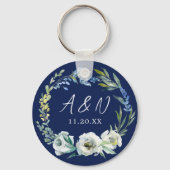 Elegant Navy Blue Floral Monogram Winter Weddensch Sleutelhanger (Voorkant)