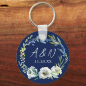 Elegant Navy Blue Floral Monogram Winter Weddensch Sleutelhanger (Voorkant)