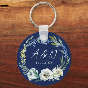 Elegant Navy Blue Floral Monogram Winter Weddensch Sleutelhanger