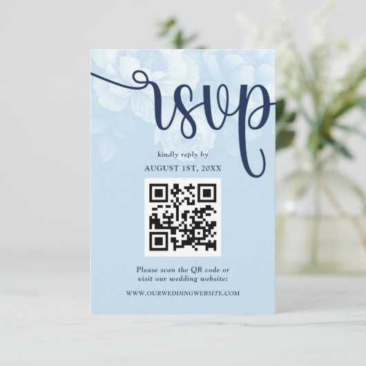 Elegant Navy Blue Floral Peony RSVP Kaartje (Staand voorkant)