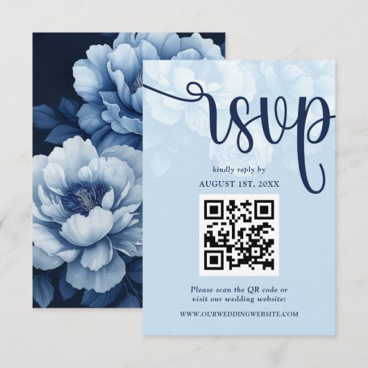 Elegant Navy Blue Floral Peony RSVP Kaartje (Voorkant / Achterkant)
