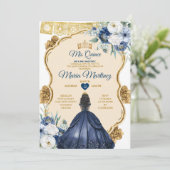 Elegant Navy Blue Floral Princess Quinceañera Kaart (Staand voorkant)