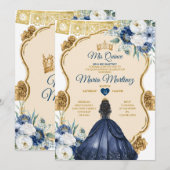Elegant Navy Blue Floral Princess Quinceañera Kaart (Voorkant / Achterkant)