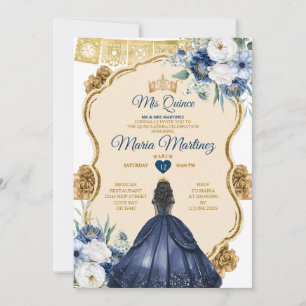 Elegant Navy Blue Floral Princess Quinceañera Kaart