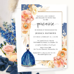 Elegant Navy Blue Floral Princess Quinceañera Kaart