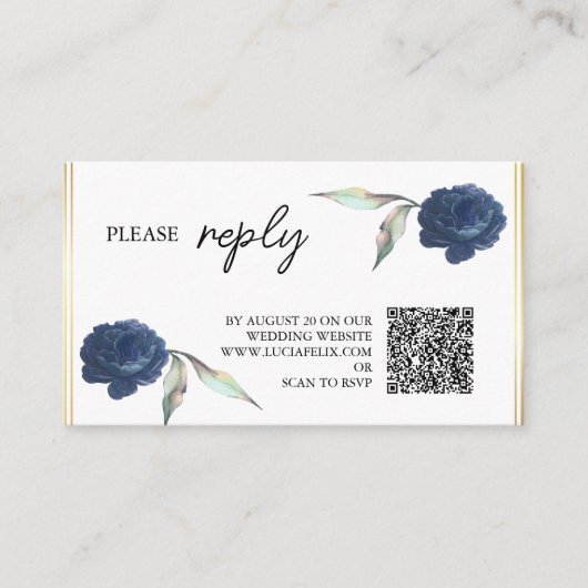 Elegant Navy Blue Floral Roos Wedding RSVP Informatiekaartje (Voorkant)