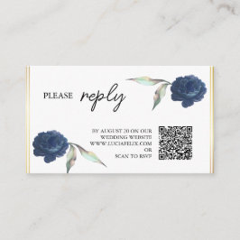Elegant Navy Blue Floral Roos Wedding RSVP Informatiekaartje