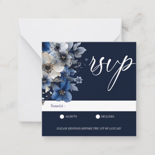 Elegant Navy Blue Floral RSVP Notitiekaartje (Voorkant)
