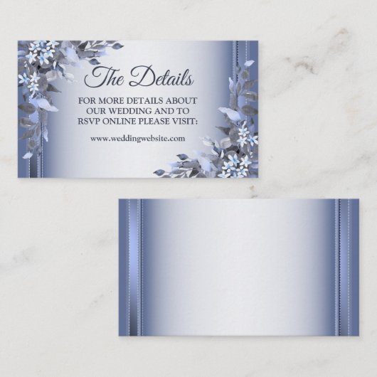 Elegant Navy Blue Floral Silver Wedding Detail Informatiekaartje (Voorkant / Achterkant)