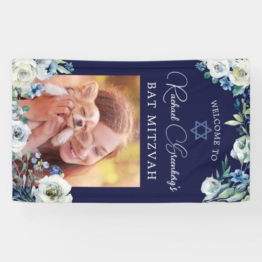 Elegant Navy Blue Floral Star van David Bat Mitzva Spandoek (Horizontaal)