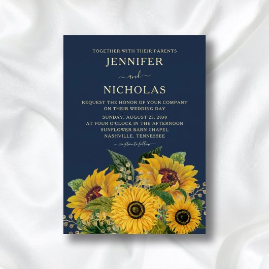 Elegant Navy Blue Floral Sunflower Weddengoud Folie Uitnodiging