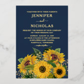 Elegant Navy Blue Floral Sunflower Weddengoud Folie Uitnodiging (Voorkant)
