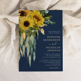Elegant Navy Blue Floral Sunflower Wedding Gold Folie Uitnodiging
