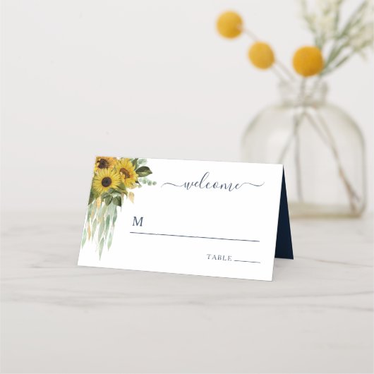 Elegant Navy Blue Floral Sunflower Wedding Plaatskaartje (Voorkant)