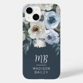 Elegant Navy Blue Floral Waterverf Monogram Case-Mate iPhone Case (Achterkant)