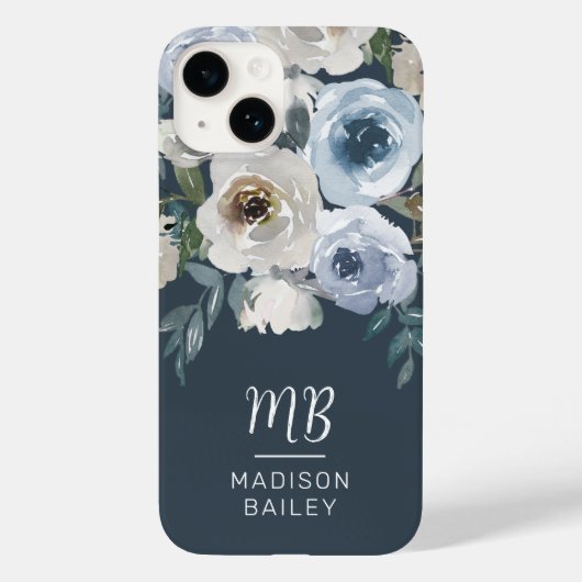 Elegant Navy Blue Floral Waterverf Monogram Case-Mate iPhone Case (Achterkant)