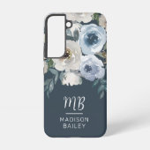 Elegant Navy Blue Floral Waterverf Monogram Samsung Galaxy Hoesje (Achterkant)