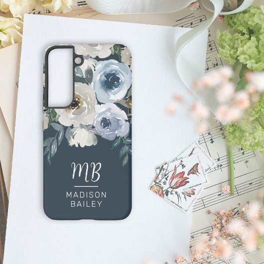 Elegant Navy Blue Floral Waterverf Monogram Samsung Galaxy Hoesje