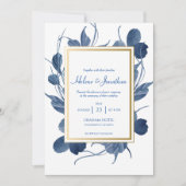 Elegant Navy Blue Floral Waterverf Rustic Wedding Kaart (Voorkant)