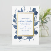 Elegant Navy Blue Floral Waterverf Rustic Wedding Kaart (Staand voorkant)